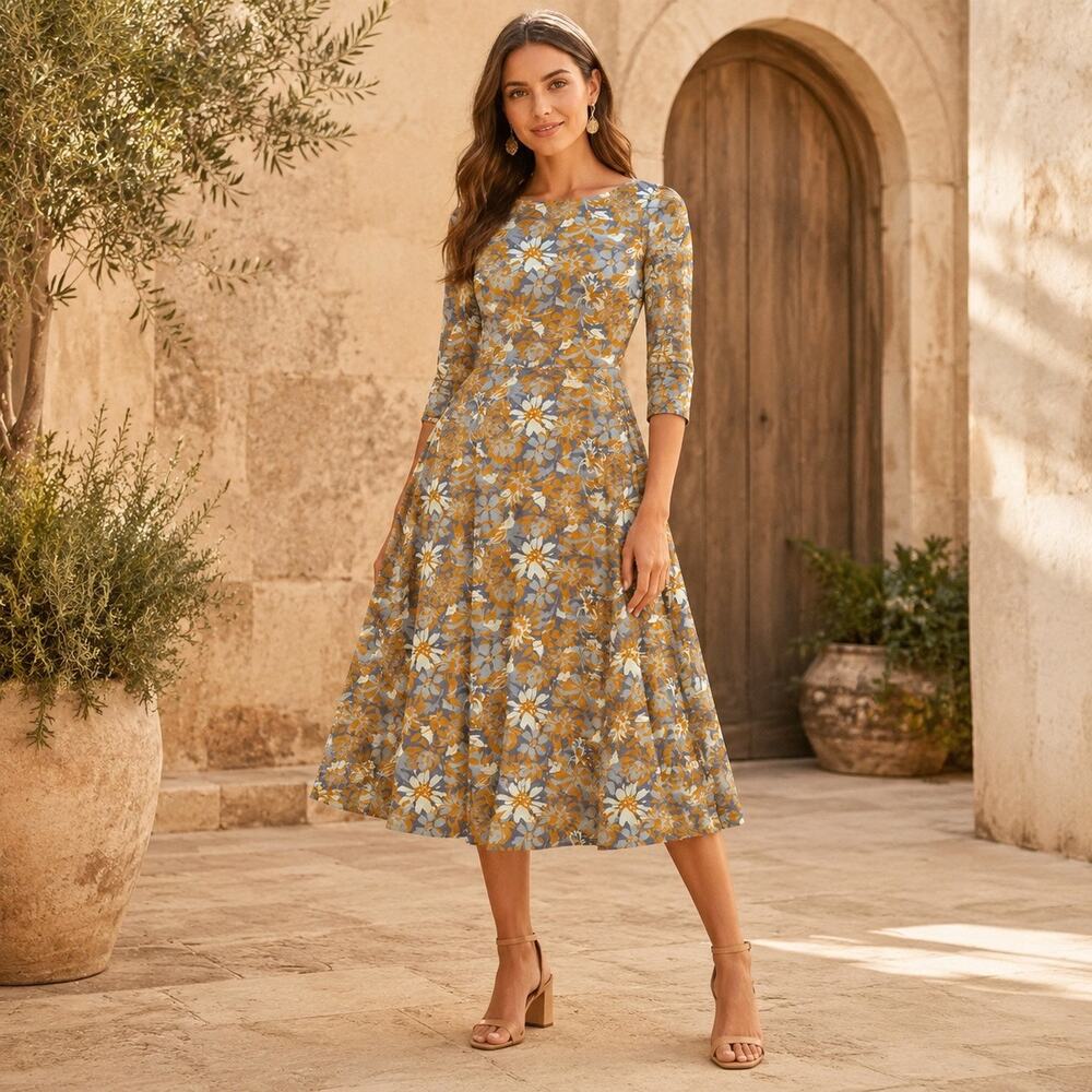 Cottagecore Boho Luxe Organic Cotton PACT Fit Flare Open Back Floral Midi Dress